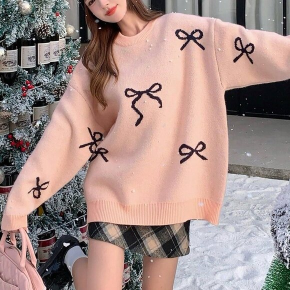 Pink Casual Women's Loose Fit Bowknot detailed Round Neck Long Sleeve Sweater - Picture 6 of 8